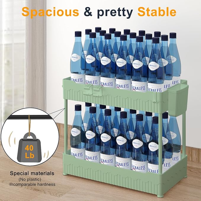 2-Pack Under Sink Organizer with Hooks & Hanging Cup for Kitchen | Multi-use kitchen & bathroom storage, 14.8 inch green cabinet organizer, with hooks and hanging cup for easy access.