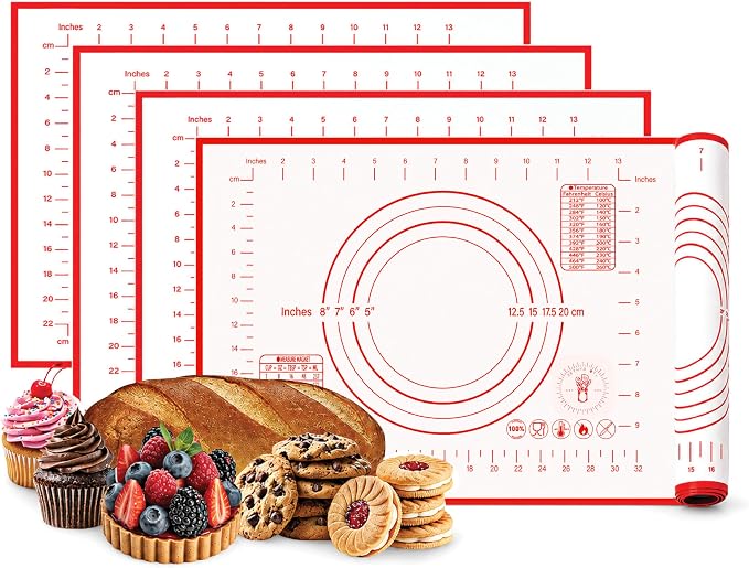 Silicone Baking Mats - Non-Stick Pastry Mat, Half Sheet Size, Pack of 4 | Non-Stick Pastry and Dough Mat with Measurement Guides, Silicone Mat and Baking Essentials, Half Sheet Pack of 4 (11"x16")