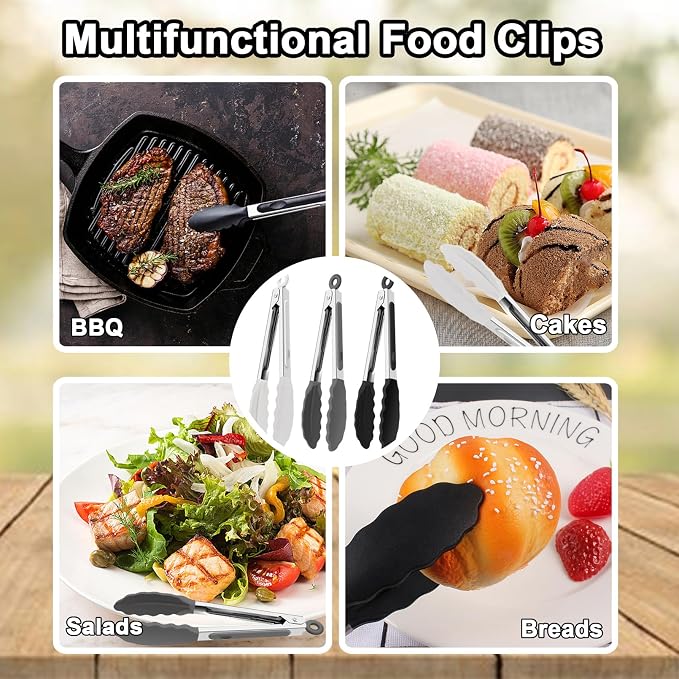 6 PCS Silicone Tongs,Cooking Tongs with Silicone Tips,7 Inch Stainless Steel Silicone Kitchen Tongs,Heat Resistant Non-Stick,for Cooking Grilling Salad,BBQ Tongs with Locking