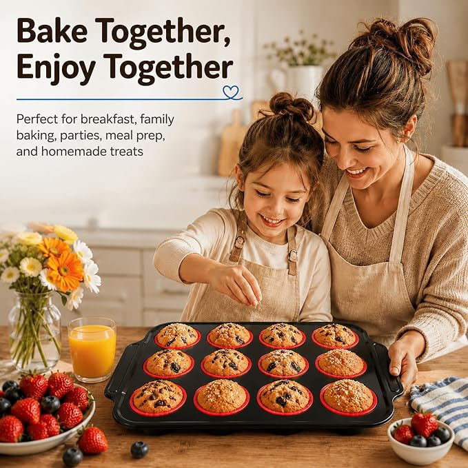 Silicone Muffin Pans for Baking, 12-Cup Muffin Tin with Metal Frame | Reinforced Metal Frame, 12-Cup Size, Easy Release Cups, Nonstick Silicone, Oven & Dishwasher Safe
