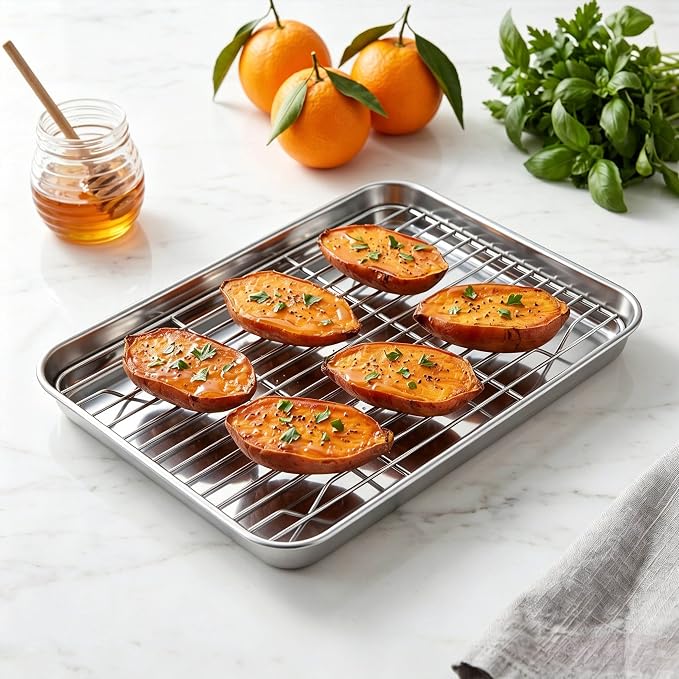Homikit Mini Baking Sheet with Wire Rack for Toaster Oven (2 Pans+2 Racks) | 9x7 Inch Stainless Steel Baking Sheets with Cooling Racks Set, Small Cookie Pans Nonstick, Metal Bacon Tray, Dishwasher Safe