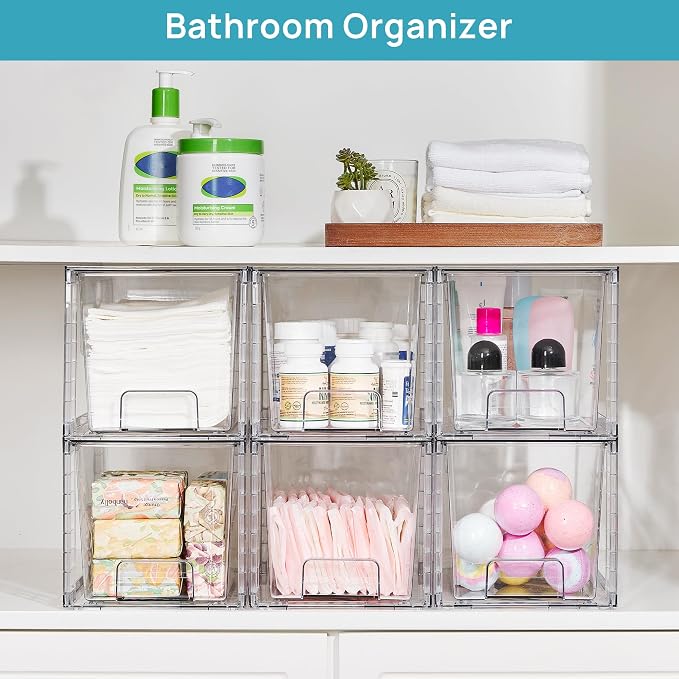 Vtopmart 6 Pack Large Stackable Storage Drawers | Easily Assemble Acrylic, Bathroom Closet Undersink Organizers, Plastic Bins for Kitchen Cabinets, Pantry, Makeup, Medicine
