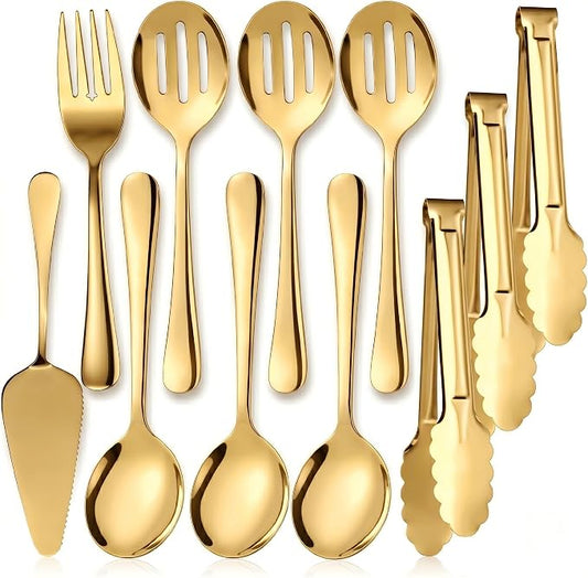 11PCS Stainless Steel Gold Serving Utensils, 8.7''Serving Spoons,8.7''Slotted Spoons, Serving Fork, 9'' Serving Tongs,Cake Server,Hostess Serving Set for Chafing Dish Buffet Catering Parties