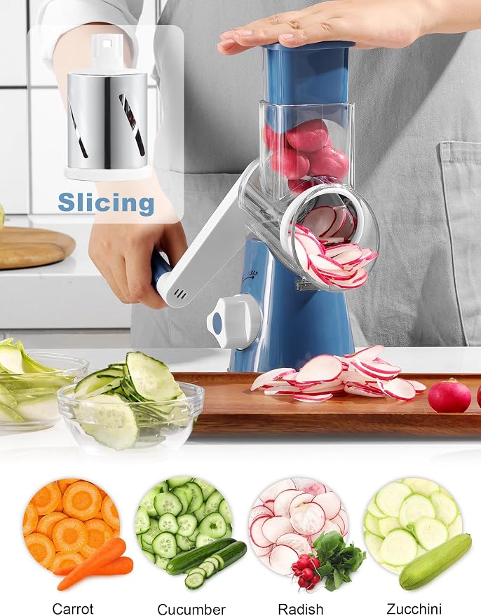 Cheese Grater Rotary, Rotary Grater for Kitchen, Kitchen Grater Vegetable Slicer with 3 Drum Blades, Fast Cutting Cheese Shredder for Vegetables and Nuts
