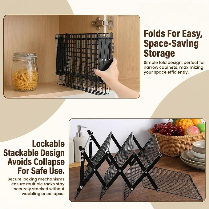 4-Tier Stackable Cooling Rack for Baking, Heavy Duty Stainless Steel Baking Rack, Foldable Space Saving Design, Oven Safe Wire Rack Fits Quarter Sheet & Jelly Roll Pans, Dishwasher Safe