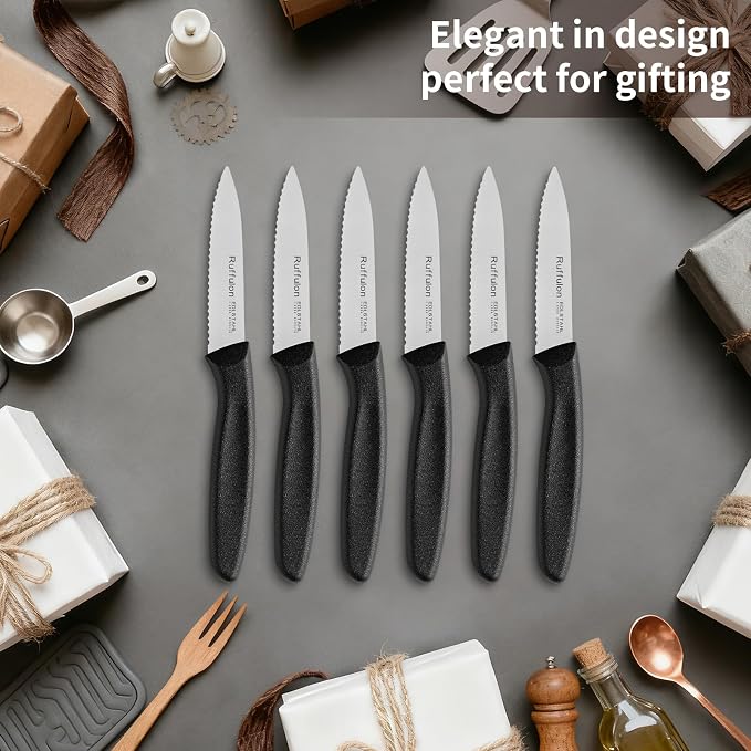 Stainless Steel Paring Knife With Serrated Blade, 6 Pieces Set Vegetable and Fruit Knife, Ultra Sharp Small Kitchen Knife, Black Paring Knifves with PP Plastic Ergonomic Handle.