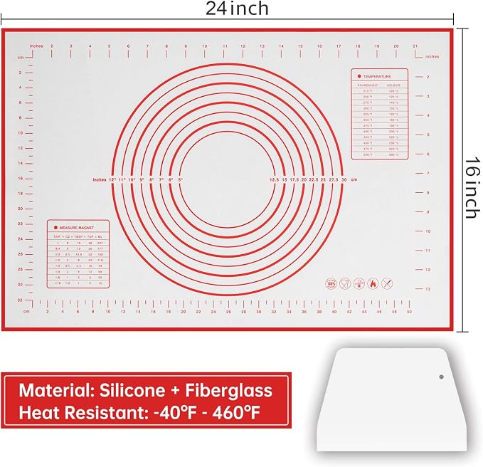Silicone Baking Mat Non Slip Pastry Mat with Measurement Non Stick BPA Free Baking Mat Sheet for Rolling Dough Counter Cookies Pie, 24 x 16 Inches Red (with 1 Dough Scraper)