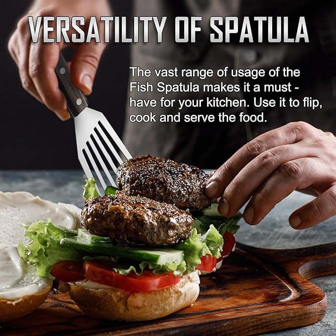 2 Pack Fish Spatula Stainless Steel - Metal Spatula Set, Wooden Handle | Kitchen Slotted Fish Turner/Spatula Set [ Large+Medium ] for Cooking & BBQ, Flipping Eggs, Burgers and Baking, Perfect Gifts