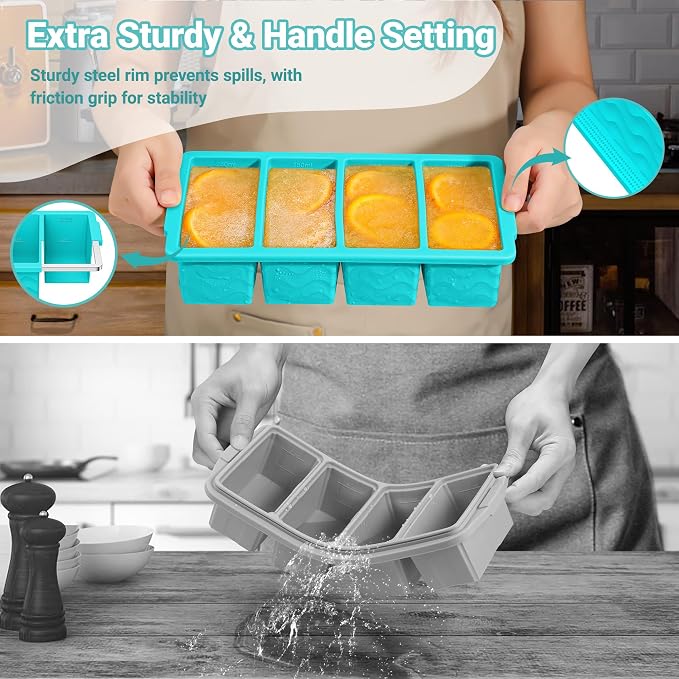Doasuwish Silicone Freezer Molds for Soup with Lid – 1-Cup Soup Container Style Ice Cube Trays for Freezer, Meal Prep & Food Storage, Freeze 250mL/125mL Portions – 4 Pack