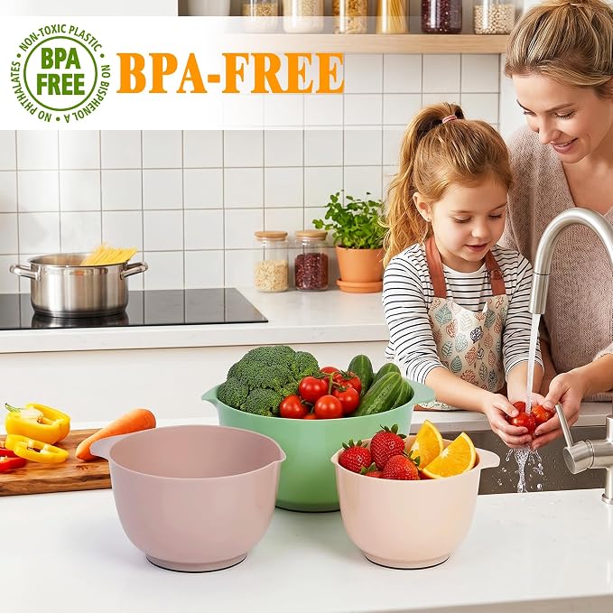 BoxedHome Classic Mixing Bowls Set of 4, BPA Free Plastic, Microwave Safe | 4.5, 3.5, 2.5 and 1.7 QT, Non-slip Base Large Non-toxic Nesting Bowl with Pour Spout, Dishwasher Safe, for Prep, Cooking