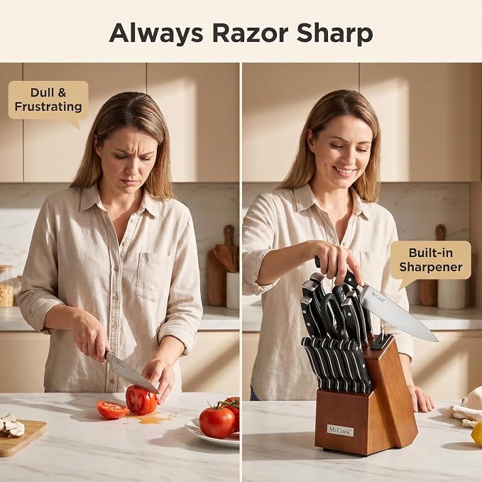 McCook® Knife Sets,German Stainless Steel Kitchen Knife Block Set with Built-in Sharpener, 15-Piece Razor-Sharp Kitchen Knives, Forged Triple Rivet,Full Tang,Ergonomic Handle,Elegant Box for Gift