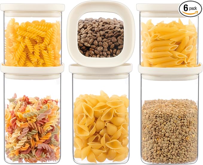 Glass Food Storage Jar with Glass Lid in Square Shape, Food Canister Set with Airtight Lids, Pantry Jars for Kitchen Organization, Food Storage Containers in Set of 6