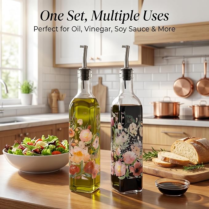 Topadorn 2-Pack Glass Olive Oil Dispenser Bottles with Stainless Steel Spout – 17oz Leak-Resistant Set for Kitchen, Oil & Vinegar Pourer