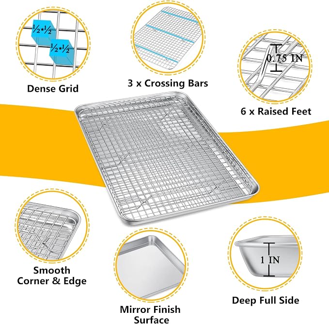 P&P CHEF 16 Inch Baking Sheet Pan and Cooking Rack - 2 Pieces | 1x Cookie Sheet + 1x Grid Rack, Stainless Steel Oven Tray with Wire Rack for Oven Baking, Healthy & Sturdy & Easy to Clean