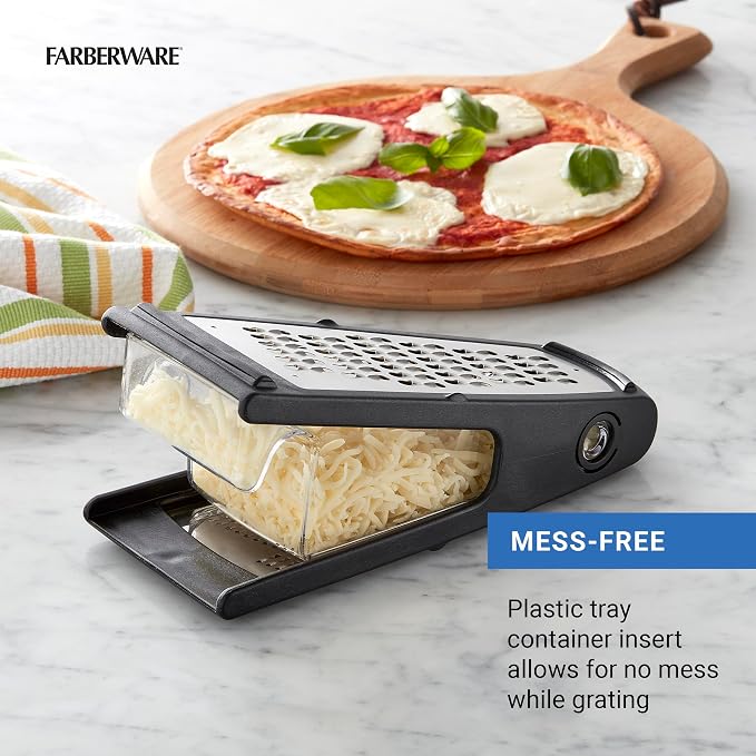 Farberware Professional Box Grater with Container, Stainless Steel Coarse and Fine Blades, Nonslip Base, Easy-Grip Handle, Dishwasher Safe - Cheese, Vegetable, Chocolate Grater with Catch Tray