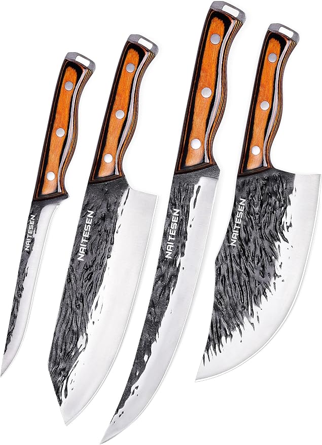 Naitesen 4PCS Hand Forged Butcher Knife and Kitchen Knife 2 in 1 Set | Gift Box Razor Sharp Heavy Duty Meat Cleaver Serbian Chef Knife Breaking Knife Boning Knife for Meat Cutting BBQ Kitchen Use