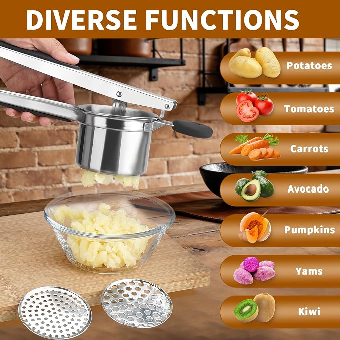 15oz Potato Ricer Heavy Duty Stainless Steel 3 Interchangeable Discs Potato Masher Spaetzle Maker with Silicone Handle Potato Press Kitchen Tool Ricer for Mashed Potatoes for Kitchen