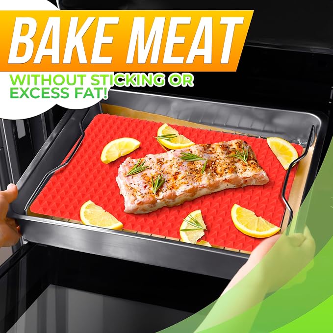Silicone Baking Mat with Red Pyramid Fat-Draining Design — Non Stick Baking Mat 16 x 11.5" for Oven, Bacon, Roasting Meats, BBQ and Pastry — Food-Grade, Flexible and Dishwasher-Safe Reusable Pan Liner