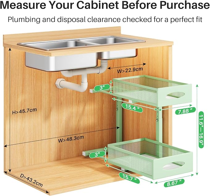 Under Sink Organizer, 2 Tier Pull out Cabinet Organizer Baskets with Mesh Sliding Drawers, Slide out Storage Shelf for Home, Kitchen, Bathroom, Pantry, Office Cabinet(1 Pack, Green)