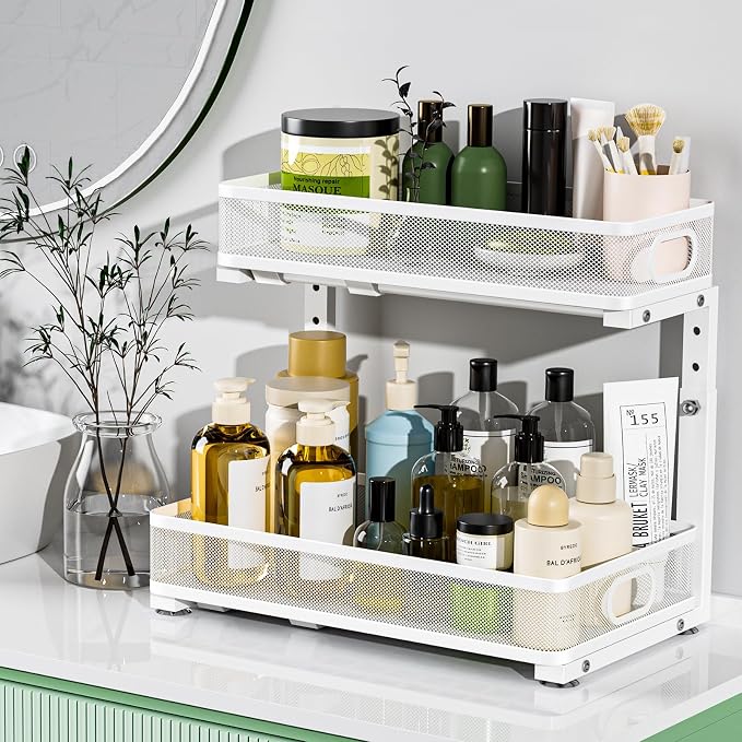 Under Sink Organizer, High Adjustable 2 Tier Under Sink Organizers and Storage, Slide out Metal Cabinet Organizers, Pull out Storage Drawer Shelf for Kitchen Bathroom Cabinet (White-1 pack)