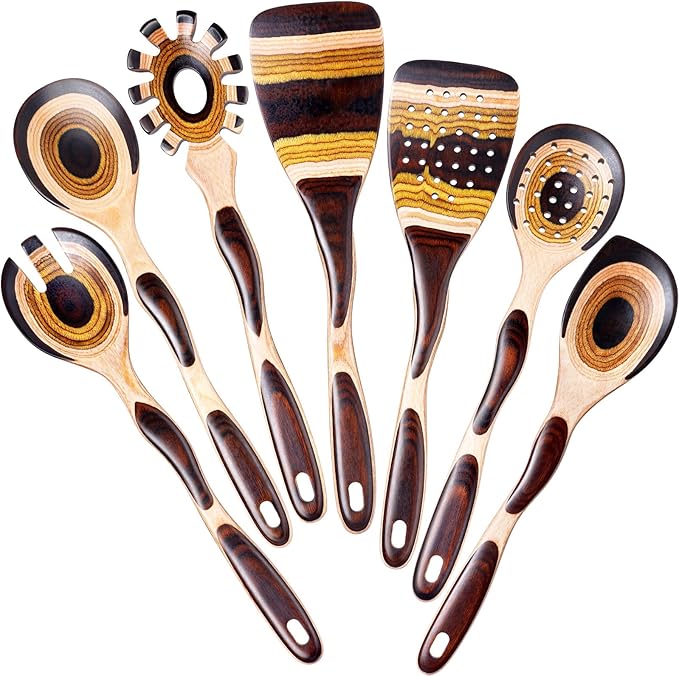 Kitchen 7Pcs Pakkawood Utensils Set, Wooden Cookware Sets | Wooden Spoons for Cooking, Easy to Clean, Eco-Friendly, Non-Stick, Non Toxic, Comfort Grip, Housewarming Kitchen Gifts