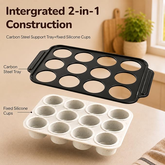 2 Pack Silicone Muffin Pans for Baking, 12-Cup Muffin Tin with Metal Frame | 2 Pack value, 12-Cup muffin pans, Reinforced metal frame, Easy release cups, Nonstick silicone, Oven & dishwasher safe