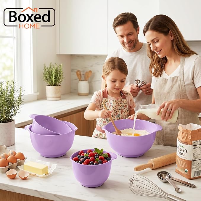 BoxedHome Mixing Bowls Set of 4, BPA Free Plastic,Microwave Safe, Purple | 4.5/3.5/2.5/1.7 quarts,Non-slip Base Large Nesting Bowl with Pour Spout, Dishwasher Safe, for Prep, Cooking,Baking