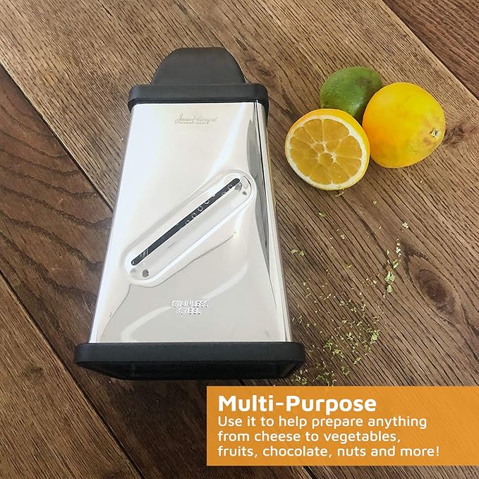 Jean-Patrique Stainless Steel Cheese Grater with Handle - Four-Sided Box, Dishwasher Safe - Pasmesan Cheese Shredder, Citrus Zester