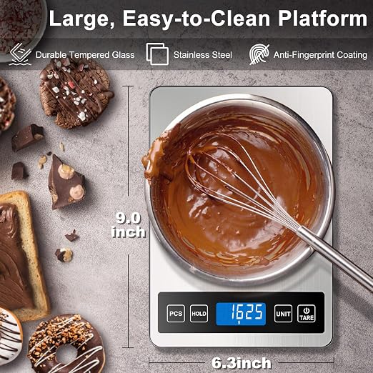 Fuzion Food Scale, 22lb/0.1oz Digital Kitchen Scale - 7 Units, Tare & PCS | Rechargeable Power, Tempered Glass & Stainless Steel - Digital Food Scale Grams and Ounces for Weight Loss, Baking, Cooking