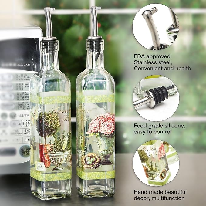 CEDAR HOME Olive Oil Bottle Set Glass Dispenser Vinegar Cruet 17oz. with Stainless Steel Leak Proof Pourer Spout for Cooking or Salad Dressing, 2 Pack, Green