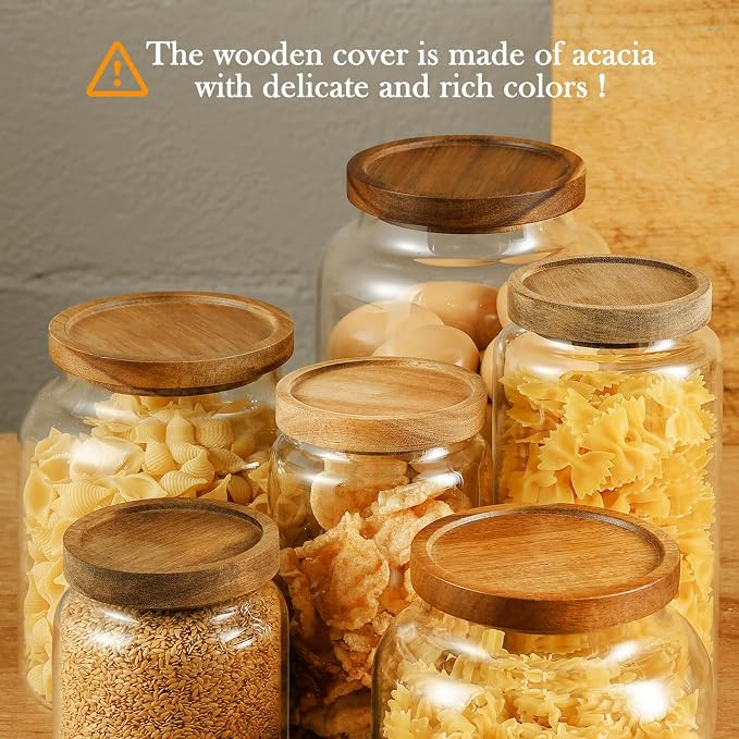 Labina Glass Storage Container Airtight Food Jars Kitchen Canister with Wood Lids, 54 Oz (1600ml) Wide Mouth Pantry Organization Glass Jar for Flour, Sugar, Cookie, Spagetti, Nuts and Candy (2 Pack)