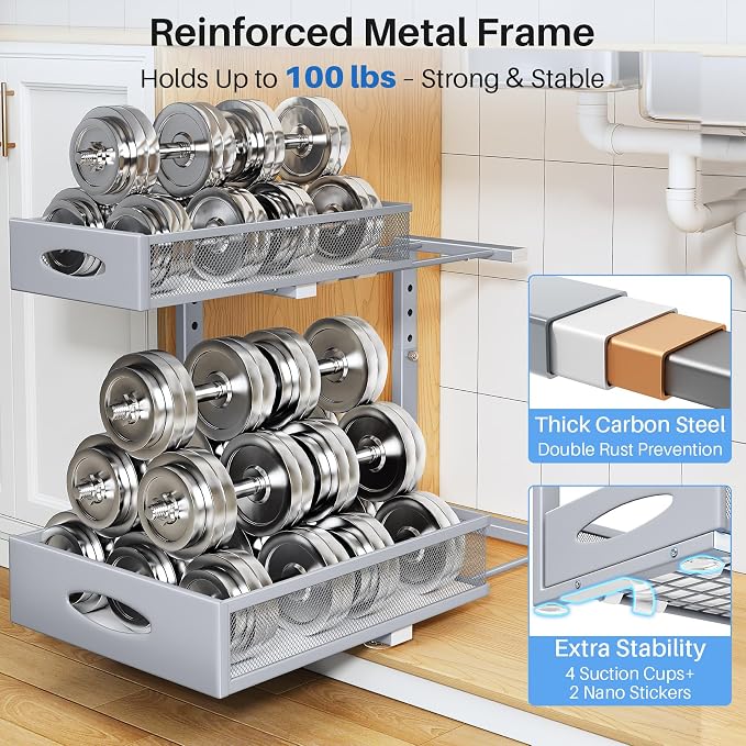 Under Sink Organizer, 2 Tier Pull Out Under Cabinet Organizer Shelf with Pad for Framed Cabinets, Metal Slide Out Under Sink Storage, Mesh Sliding Drawers for Kitchen Bathroom Laundry(Grey, 1 Pack)
