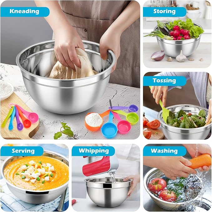 TeamFar Mixing Bowls with Lids Set of 7, Stainless Steel Nesting Mixing Bowls Set with 16 PCS Kitchen Utensils for Prepping Mixing Serving, 7, 4.5, 3, 2.5, 1.5, 1.2, 0.7 QT, Colorful