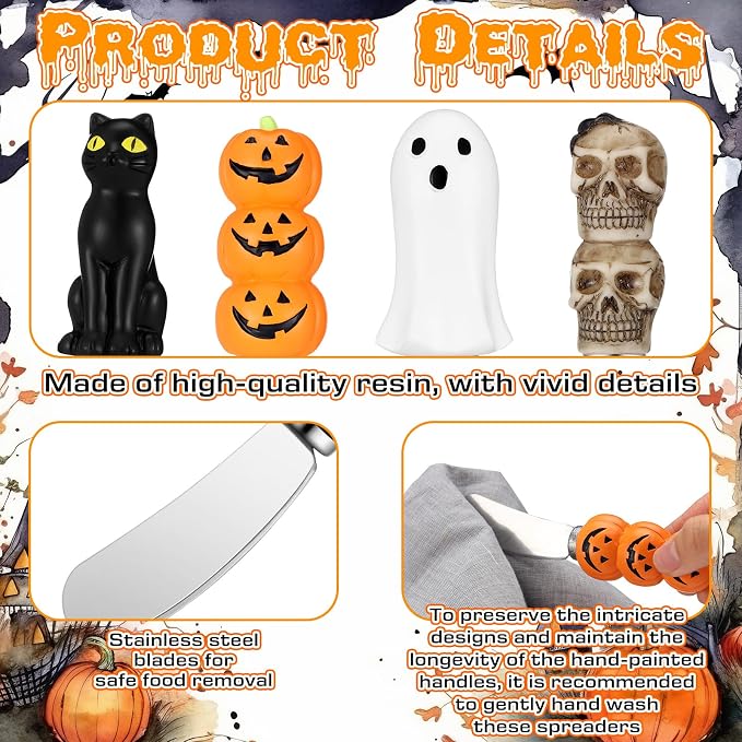 Jingmore 4 Pcs Halloween Cheese and Butter Spreader Knives Decor Pumpkin, Black Cat, Ghost, Skull Hand Painted Resin Handle with Stainless Steel Blade Multipurpose(Cheese Knives)