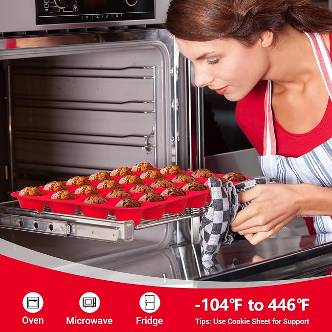 Redfly 2 Pack Silicone Mini Muffin Pan & Cupcake Pans for Baking - 24 Cup Mini Size BPA Free Egg Bites Molds