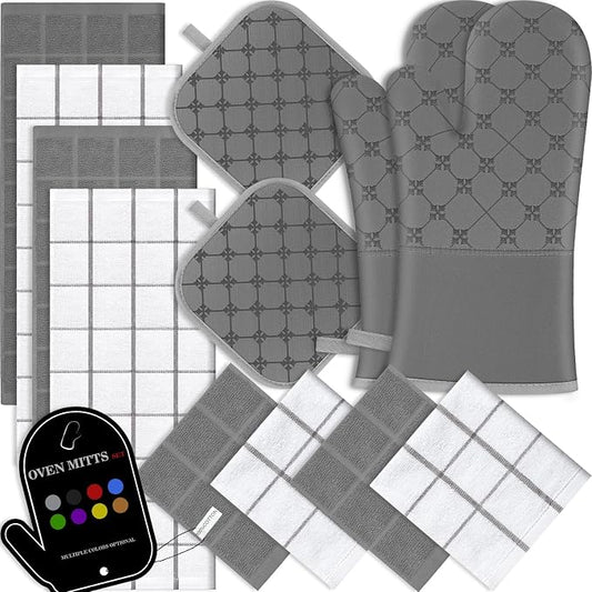 Oven Mitts Kitchen Towels Dishcloths with Pot Holders Sets 12PCS, Dish Towels Sets, Oven Gloves Pot Pads Heat Resistant 500 Degrees with Non-Slip Silicone Surface for Cooking Baking Grilling-Grey