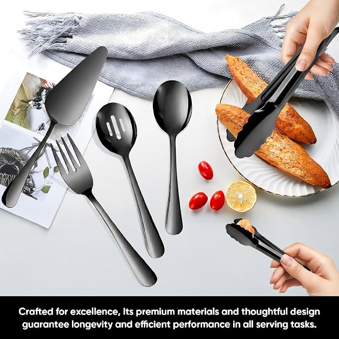14PCS Serving Utensils - Hostess Serving Utensils Set, Premium Stainless Steel 8.7 inch Serving Utensils, Slotted Spoons, Forks, Tongs, Cake Pie Server for Buffet, Wedding, Dinner (Black)