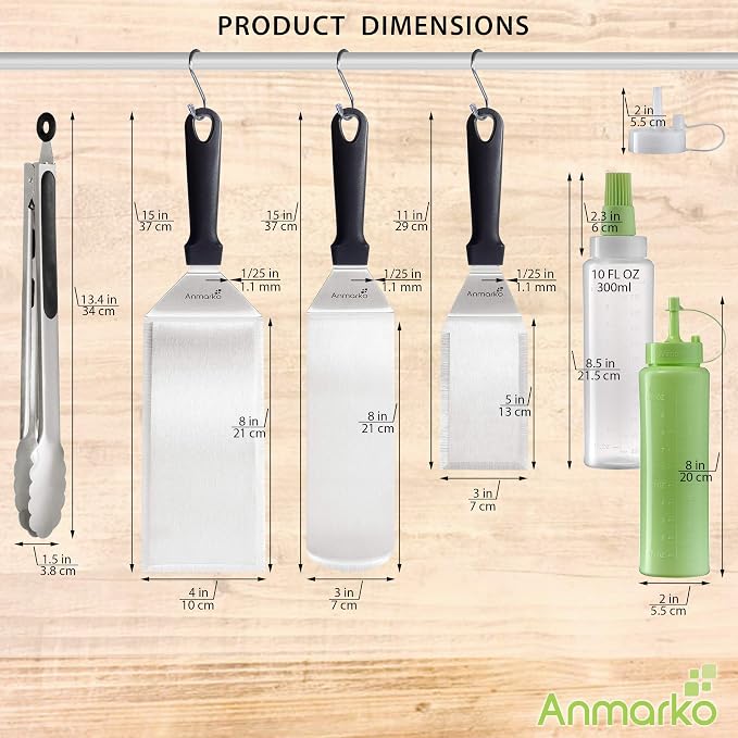 Metal Spatula Set of 6 - Griddle Accessories kit - Grill Flat Spatula Pancake Flipper Hamburger Turner - Metal Utensil Great for BBQ Grill Flat Top Cast Iron Griddle - Commercial Grade