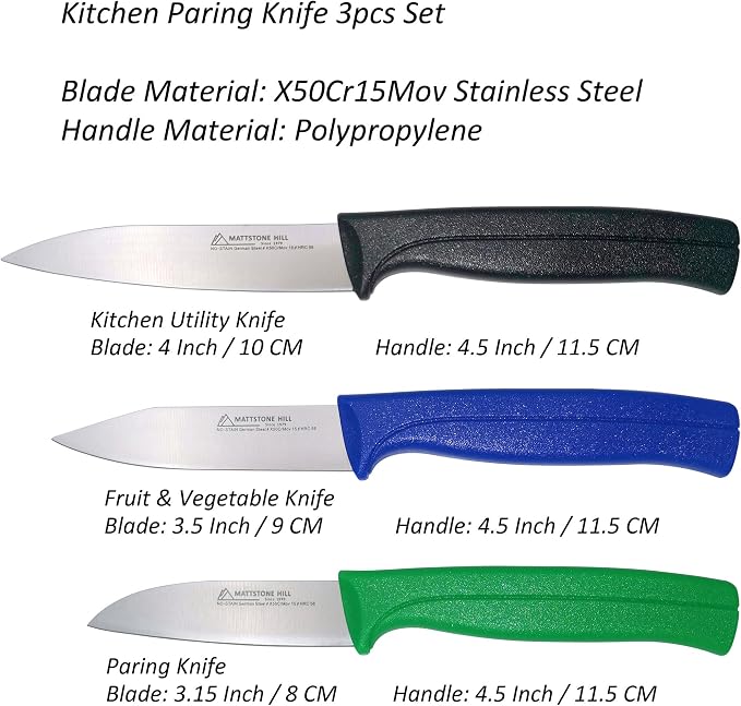 Kitchen Knife Set, MATTSTONE HILL Paring Knife Set - German Steel, Black, Blue, Green, Red