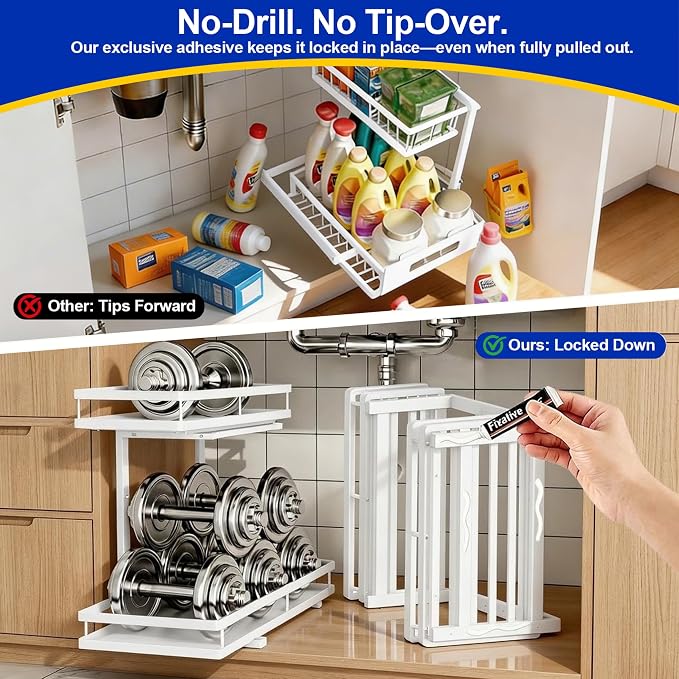 2-Tier Metal L-Shaped Pull-Out Under Sink Organizer, White, 2 Pack | 2 complete sets; ball-bearing slides; 6-level height; no-drill setup