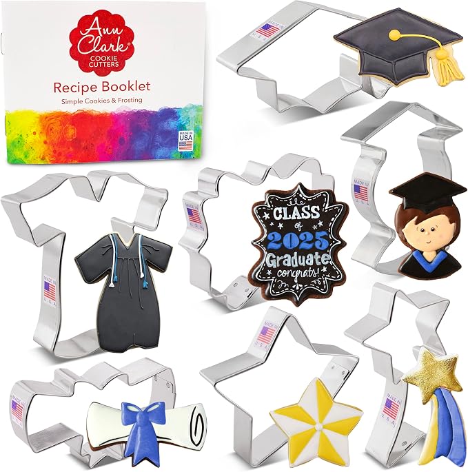 Ann Clark Graduation Cookie Cutters 7-Pc. Set (Graduation Cap, Gown, Diploma, Graduate, Star, and more) Made in USA