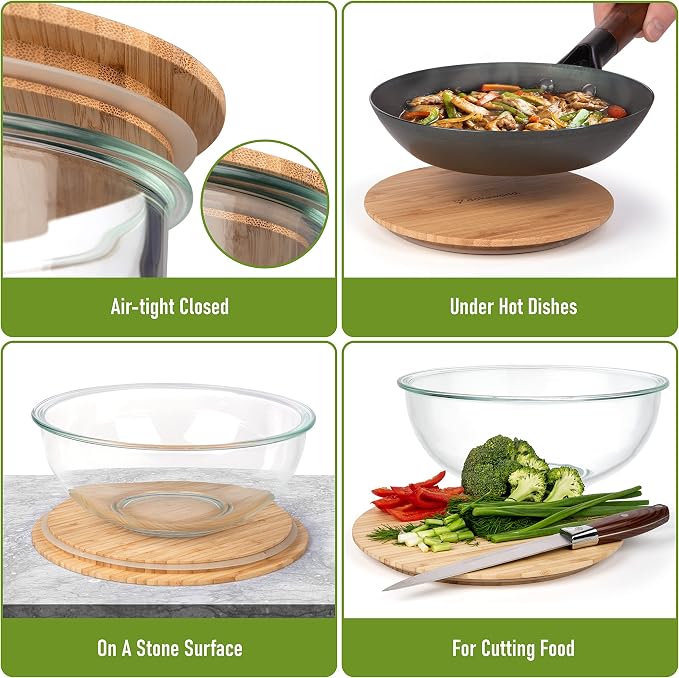 Stackable Space-Saving Set of 5 Nesting Glass Bowls with Bamboo Lids for Foodprep, Storage, Baking, Mixing & Cooking, Microwave & Oven Safe BPA Free Heat Resistant Inert Borosilicate Glass
