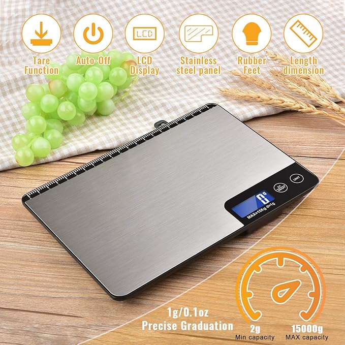 Diyife 33lb Digital Kitchen Scale with Large Weighing Area (9 in) | Professional Food Scale, Stainless Steel Household Scale, Touch Control, LCD Display, Hangable, 6 Units, Tare, with Batteries