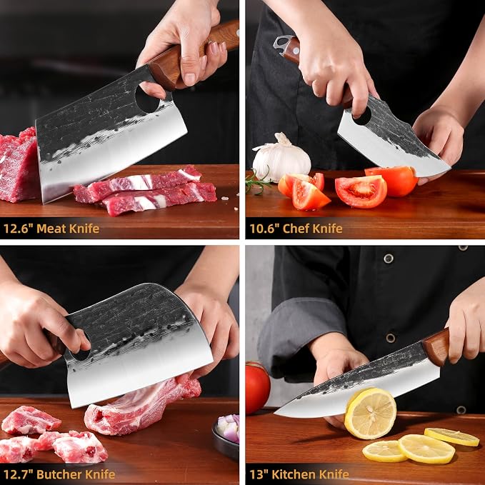 4-Piece Hand Forged Serbian Chef Knife Set | Professional Meat Cutting Set, Ergonomic Wood Handles, Ideal for Kitchen, BBQ & Outdoor Use