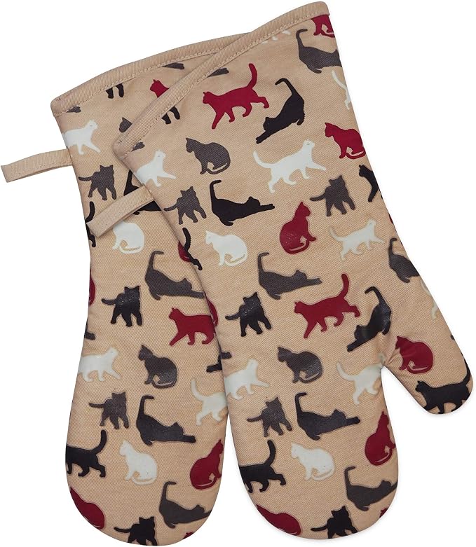 Oven Mitts Gloves 1 Pair Heat Resistant 480 ℉ Non Slip Clear Silicone Printed Comfortable Cotton Lining Kitchen Women Men Cooking Barbecue Microwave Machine Washable (Cat, Khaki Mittens)