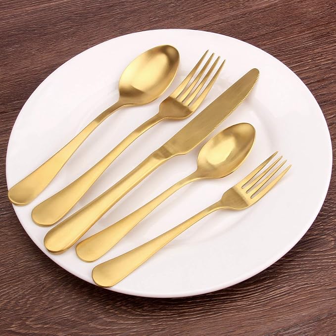 SHARECOOK Satin Finish 40-Piece Stainless Steel Flatware Set, Matte Gold Silverware, Dishwasher Safe