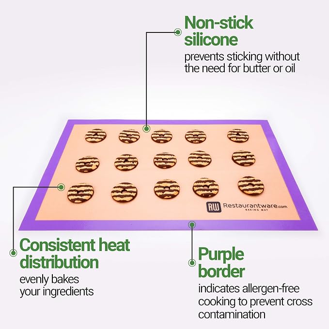 Restaurantware Full Size Baking Mat 1 Heat-Resistant Cooking Mat - Allergen-Safe Reusable And Ultra-Durable Tan And Purple Silicone Nonstick Mat For Pans And Rolling 23.6 x 15.75 Inch
