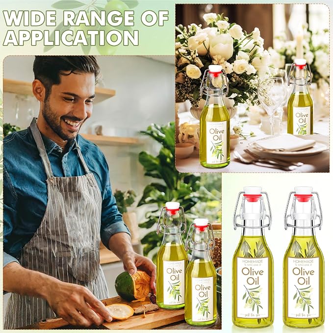 Havawish 16 Pcs 8 oz Mini Olive Oil Bottles Homemade Swing Top Clear Flip Top Bottles with Airtight Lids Labels for Storing Homemade Olive Oil Wedding Baby Shower Favors(Circle)