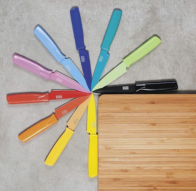 Kuhn Rikon Straight Paring Knife with Safety Sheath, 4 inch/10.16 cm Blade, Red, Yellow & Blue (Pack of 1) | Protective Sheaths, Japanese Stainless Steel, Fruit and Vegetable Knives