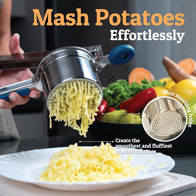 PriorityChef Large 15oz Potato Ricer With 3 Discs, Heavy Duty Stainless Steel Potato Ricer for Mashed Potatoes, Potato Masher, Press and Ricer Kitchen Tool, Blue